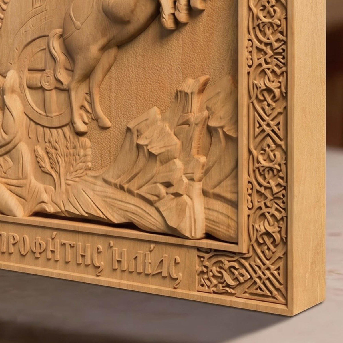 Prophet Elijah Wooden Carved Handmade Christian Icon Patron Saint of Bosnia and Herzegovina  Right Side Natural Wood Color Cretan Holy Carvings