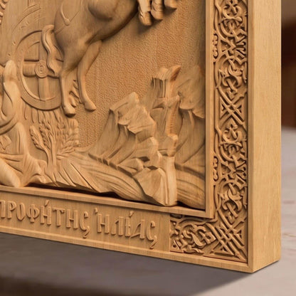 Prophet Elijah Wooden Carved Handmade Christian Icon Patron Saint of Bosnia and Herzegovina  Right Side Natural Wood Color Cretan Holy Carvings