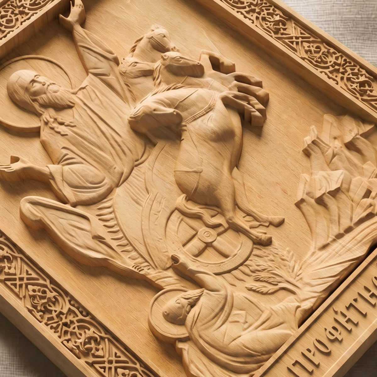 Prophet Elijah Wooden Carved Handmade Christian Icon Patron Saint of Bosnia and Herzegovina  Flat Side Natural Wood Color Cretan Holy Carvings