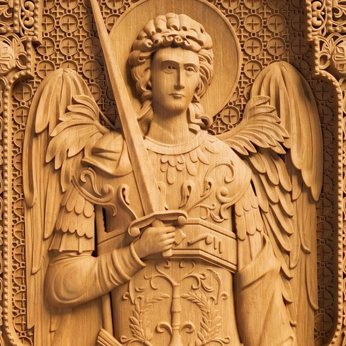 Αrchangel Michael Wooden Carved Handmade Christian Icon Front Side Natural Wood Color Cretan Holy Carvings