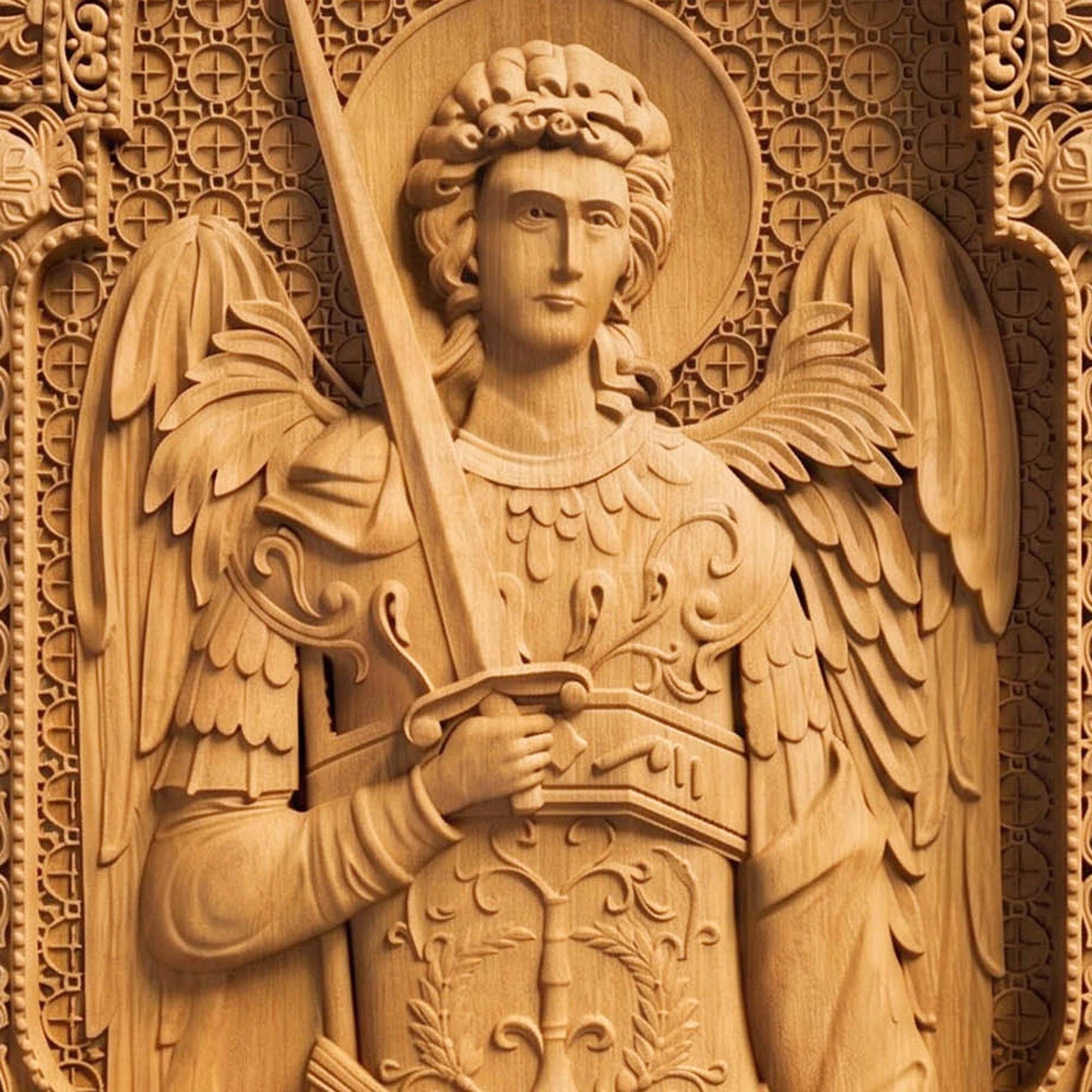 Αrchangel Michael Wooden Carved Handmade Christian Icon Front Side Natural Wood Color Cretan Holy Carvings