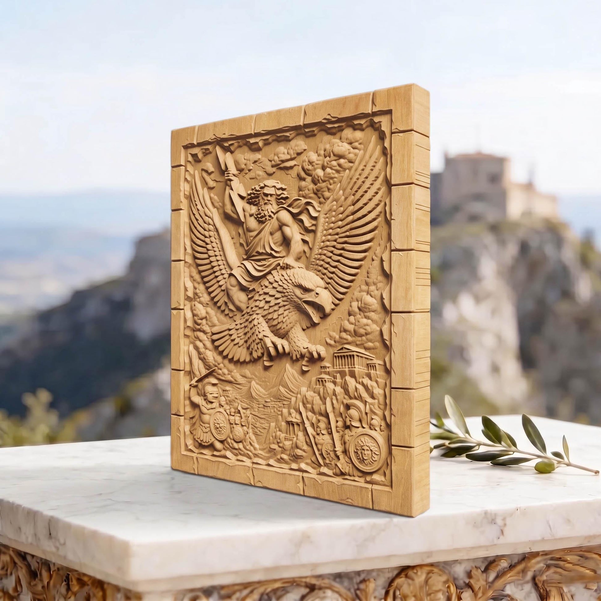 Zeus Riding His Eagle 3D Wooden Bas Relief Panel Art Sculptural Gift Idea Cretan Holy Carvings