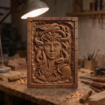 Beautiful Medusa from Ancient Greek Mythology 3D Wooden Bas Relief Panel Art Sculptural Gift Idea Cretan Holy Carvings