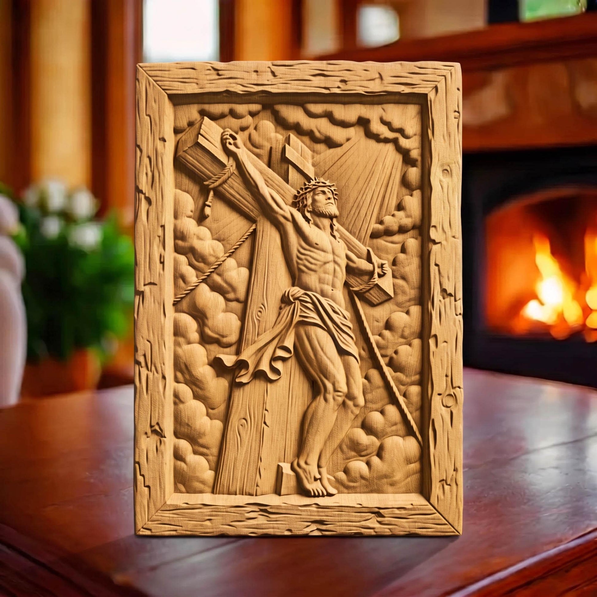 Jesus Crusifixion Wooden Carved Handmade Christian Icon  Byzantine Greek Orthodox Home Art Decor Cretan Holy Carvings