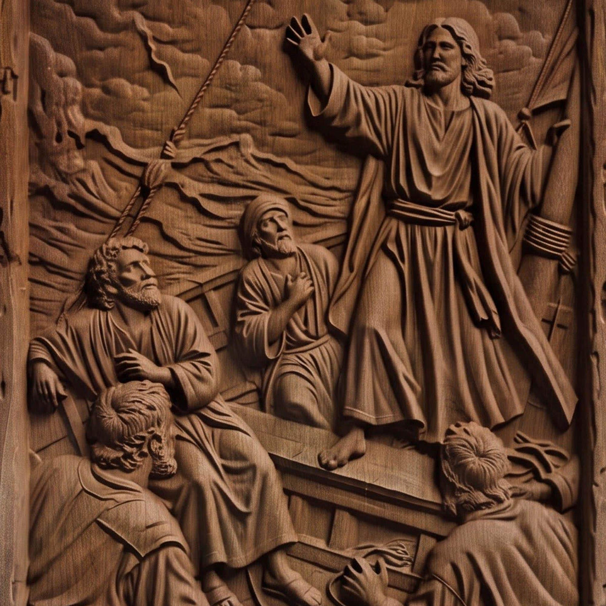 Jesus Christ Calms the Weather Wooden Carved Handmade Christian Icon  Byzantine Greek Orthodox Home Decor Cretan Holy Carvings