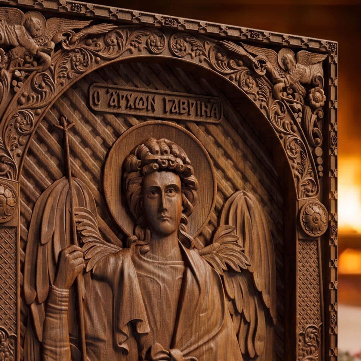 Archangel Gabriel Wooden Carved Handmade Christian Icon | Byzantine Greek Orthodox Home Art Decor