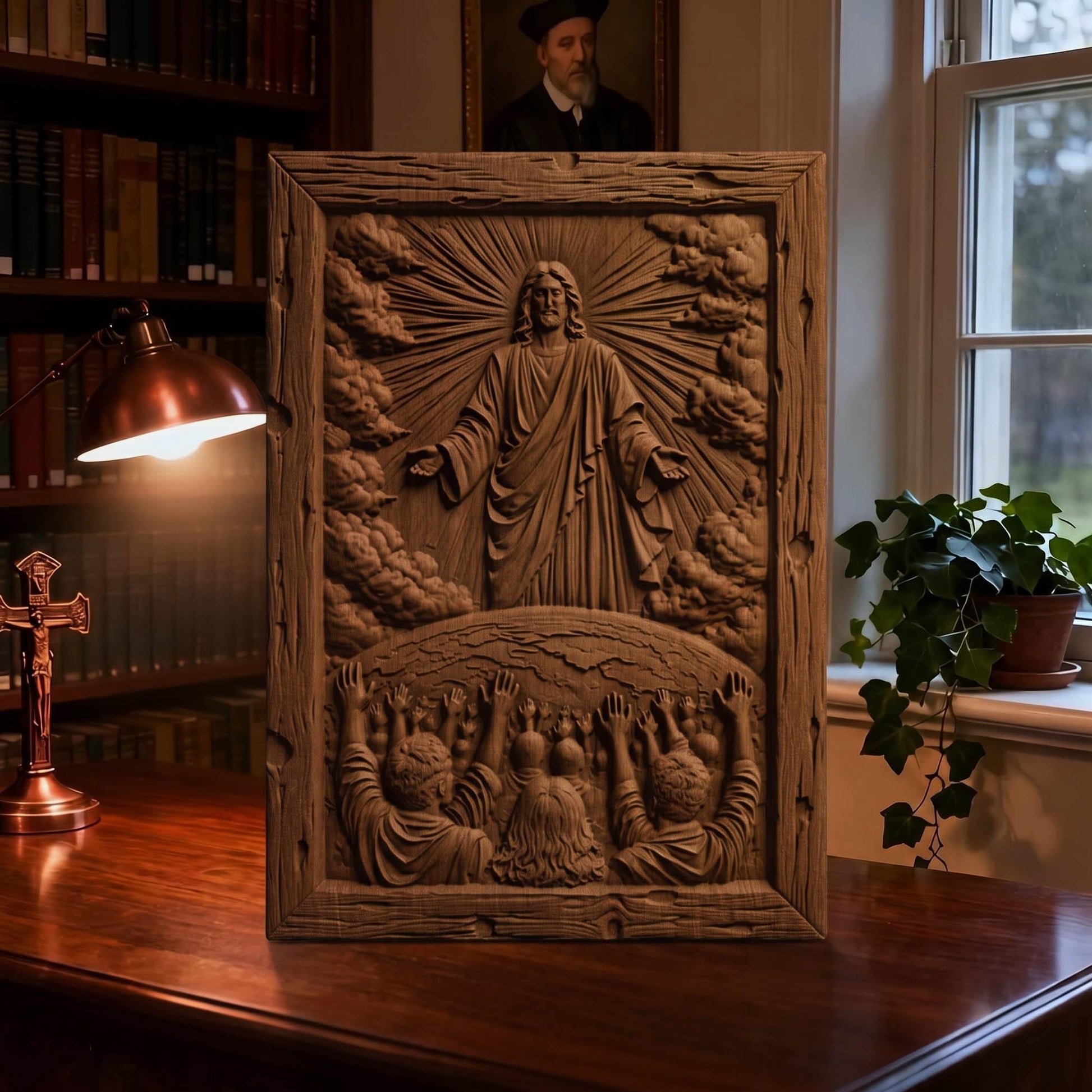 Jesus Blessing the World Wooden Carved Handmade Christian Icon  Byzantine Greek Orthodox Home Decor Cretan Holy Carvings