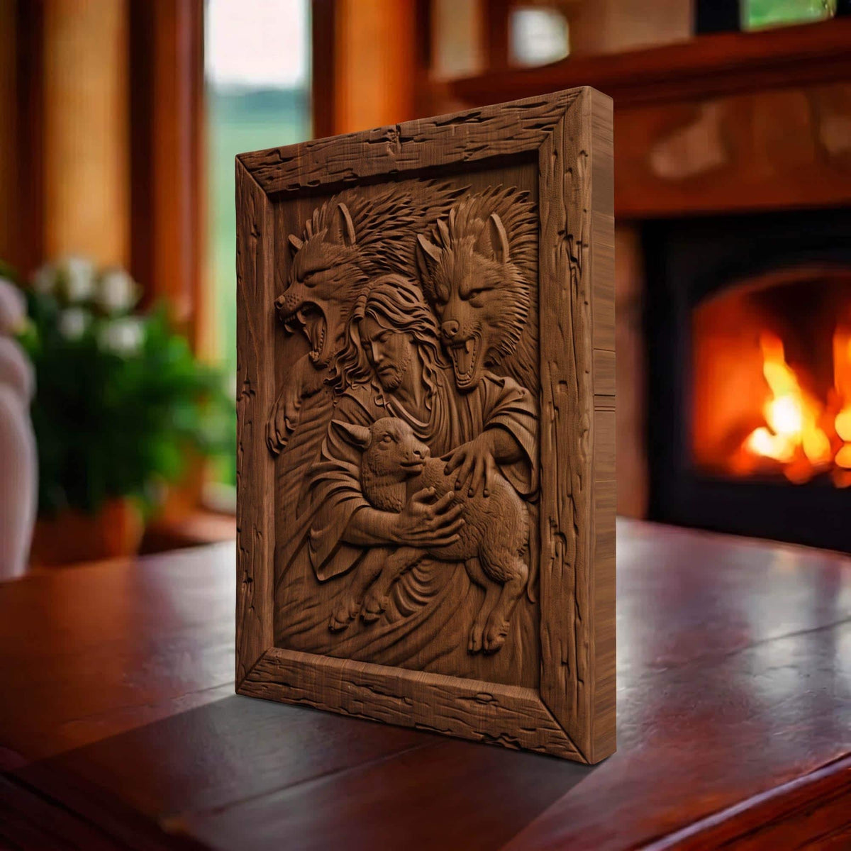 Jesus Christ Saves from the Wolves Wooden Carved Handmade Christian Icon  Byzantine Greek Orthodox Home Art Decor Cretan Holy Carvings
