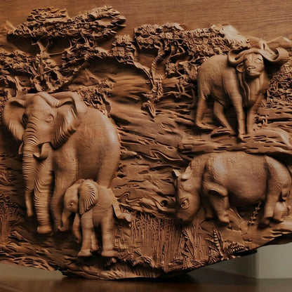 African Nature Scene Wooden Bas Relief | Wood Panel Art | Sculptural Gift Idea