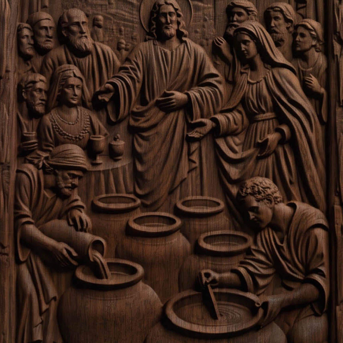 Jesus Christ and the Miracle at Cana Wooden Carved Handmade Christian Icon  Byzantine Greek Orthodox Home Decor Cretan Holy Carvings