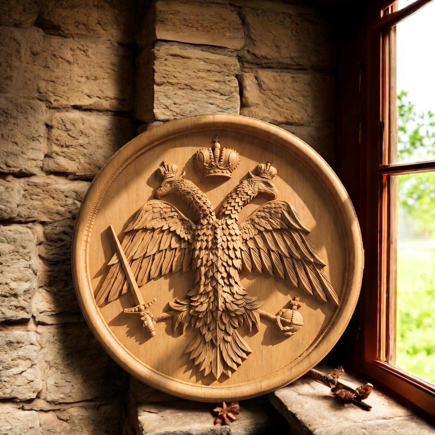 Byzantine Double Headed Eagle Plate Wooden Carved Handmade Christian Icon Front Side Natural Wood Color Cretan Holy Carvings