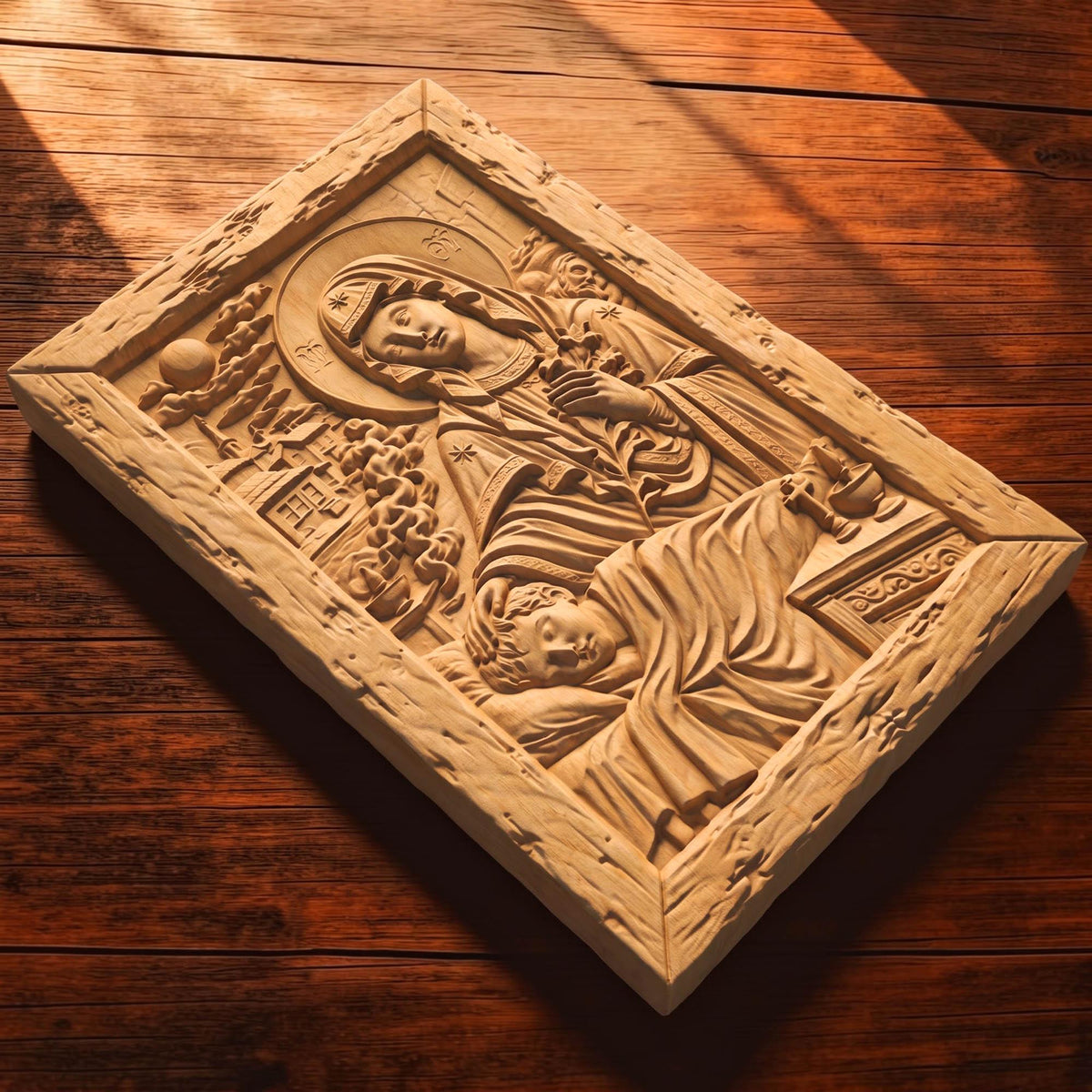 Virgin Mary Protects the Children Wooden Carved Handmade Christian Icon  Byzantine Greek Orthodox Home Decor Cretan Holy Carvings