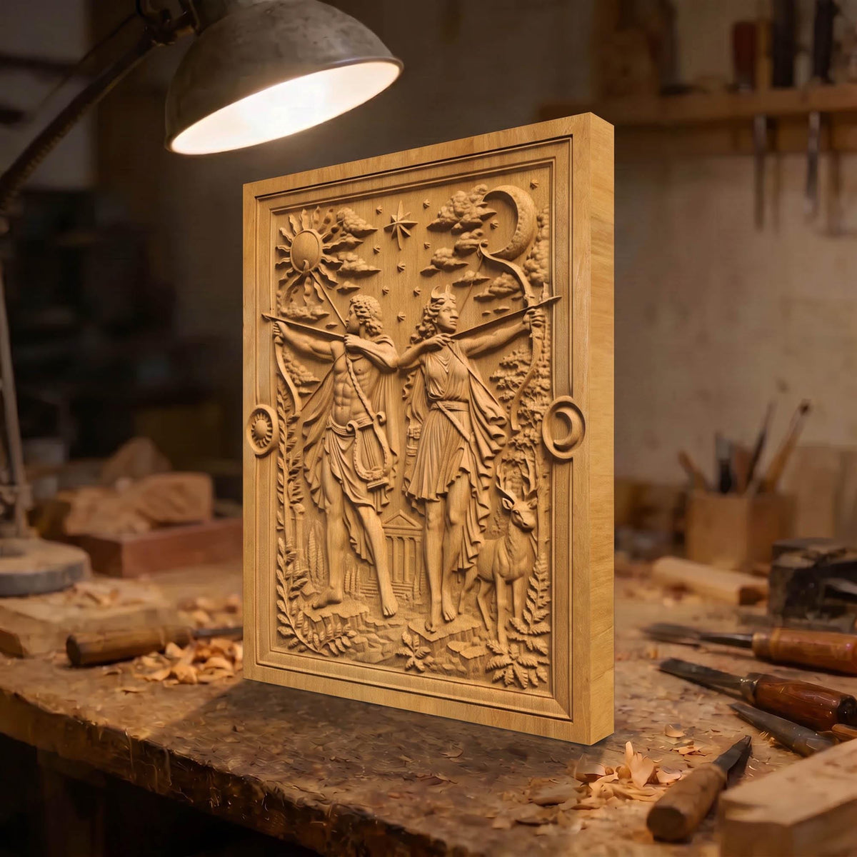 Apollo and Artemis Gods of Olympus 3D Wooden Bas Relief Panel Art Sculptural Gift Idea Cretan Holy Carvings