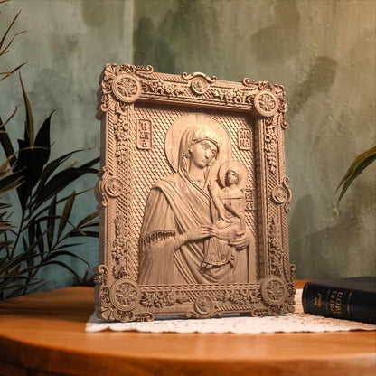 Saint Anne Mother of God Wooden Carved Handmade Christian Icon. Byzantine Greek Orthodox Decor.