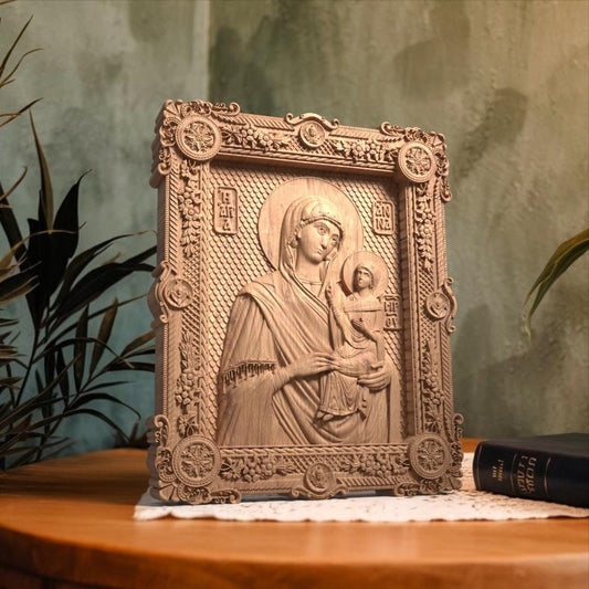 Saint Anne Mother of God Wooden Carved Handmade Christian Icon. Byzantine Greek Orthodox Decor.