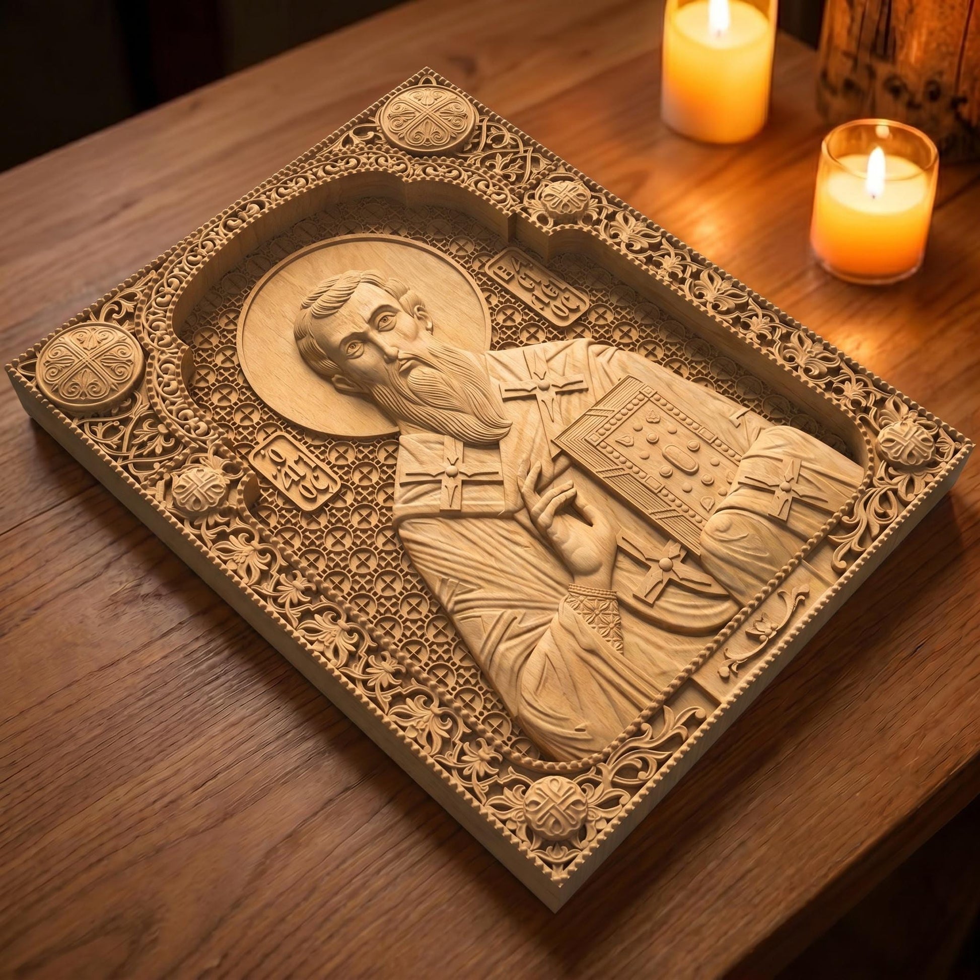 Saint Basil the Great Wooden Carved Handmade Christian Icon Patron Saint of the Poor Flat Side Natural Wood Color Cretan Holy Carvings