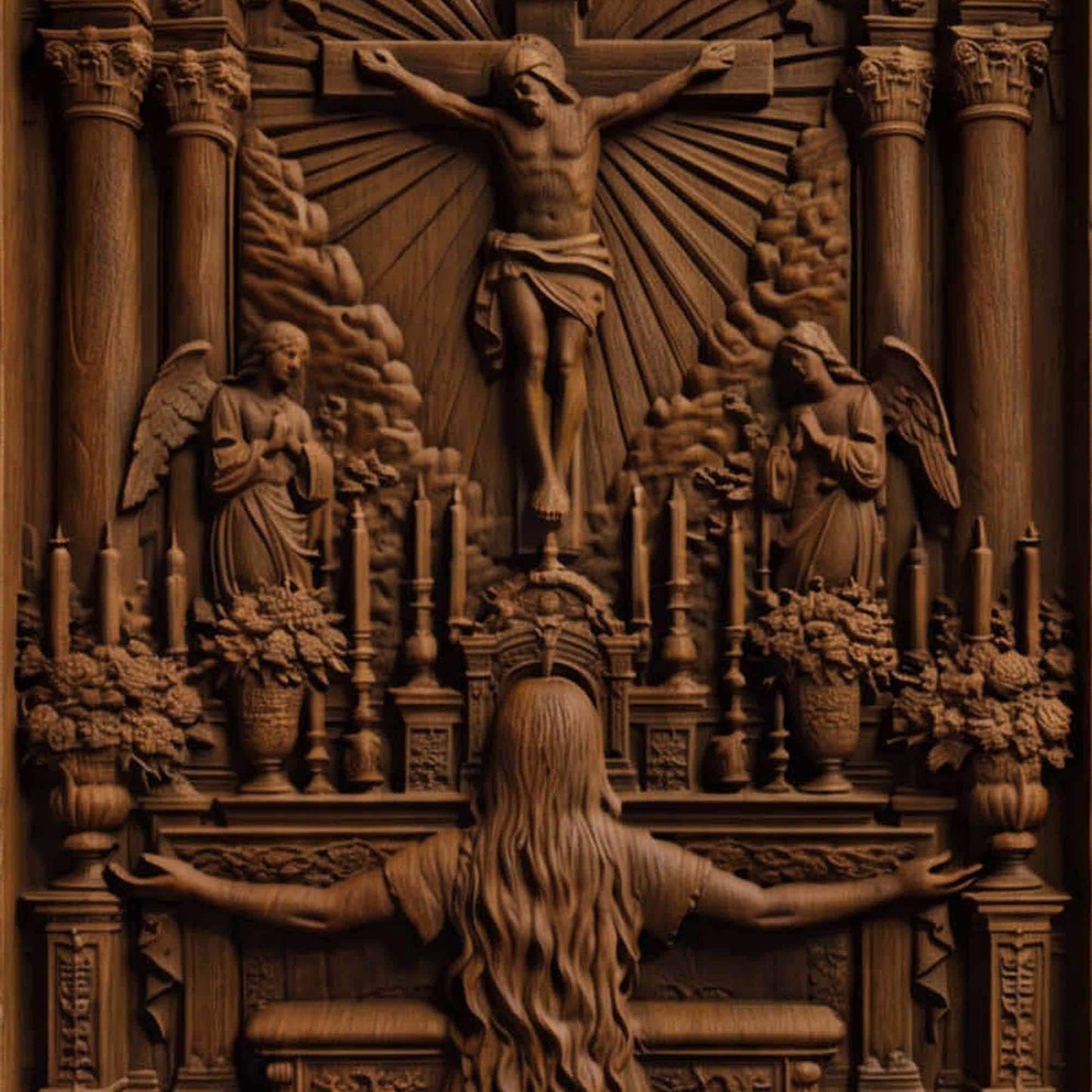 Praying in Church to Jesus Christ Wooden Carved Handmade Christian Icon  Byzantine Greek Orthodox Home Decor Cretan Holy Carvings