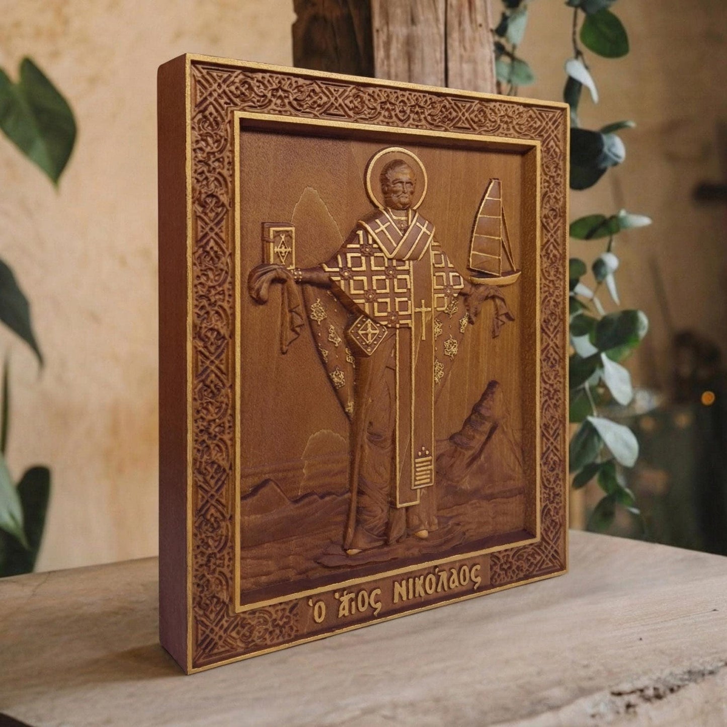 Saint Nicholas Wooden Carved Handmade Christian Icon. Byzantine Greek Orthodox Home Art Decor.