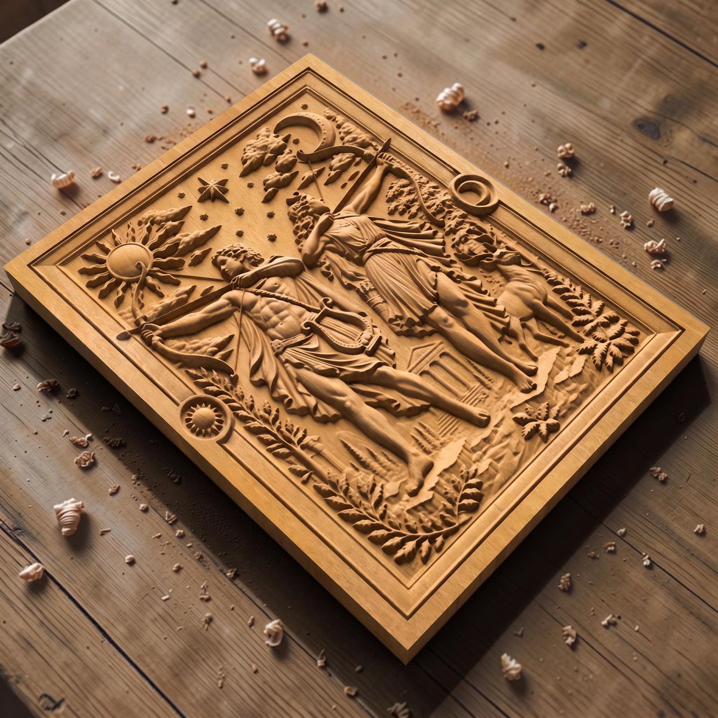 Apollo and Artemis Gods of Olympus 3D Wooden Bas Relief Panel Art Sculptural Gift Idea Cretan Holy Carvings