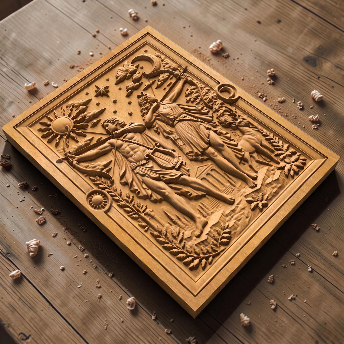 Apollo and Artemis Gods of Olympus 3D Wooden Bas Relief Panel Art Sculptural Gift Idea Cretan Holy Carvings