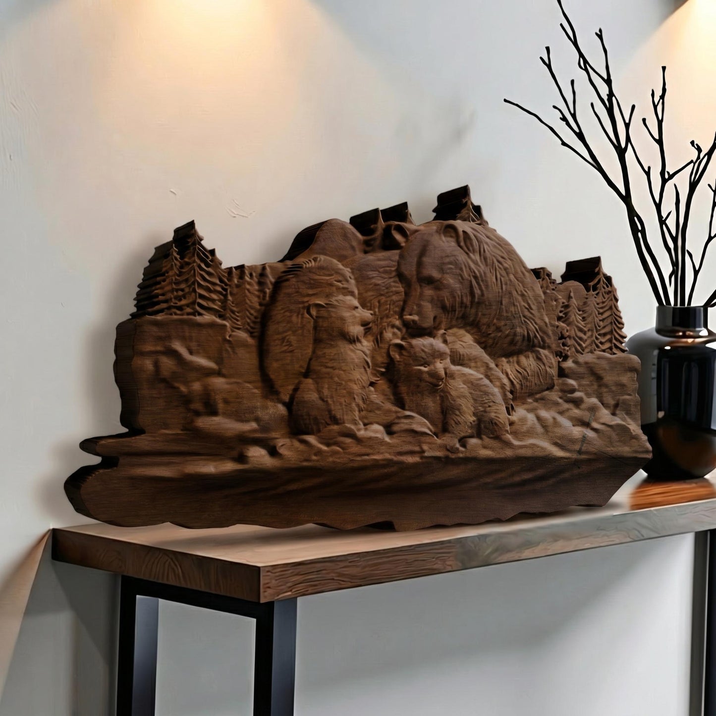 Bear Family Framed Bas Relief | Wooden Bear Carving | Sculptural Gift Idea