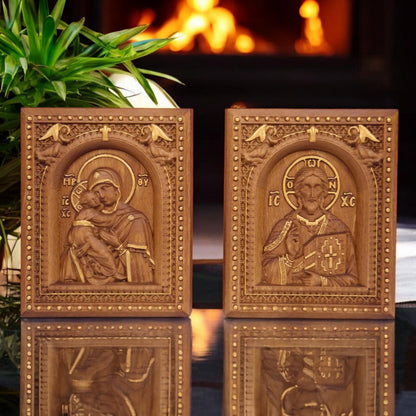 Christ and Mother of God Set Two Wooden Carved Handmade Christian Icons | Byzantine Greek Orthodox Home Art Decor