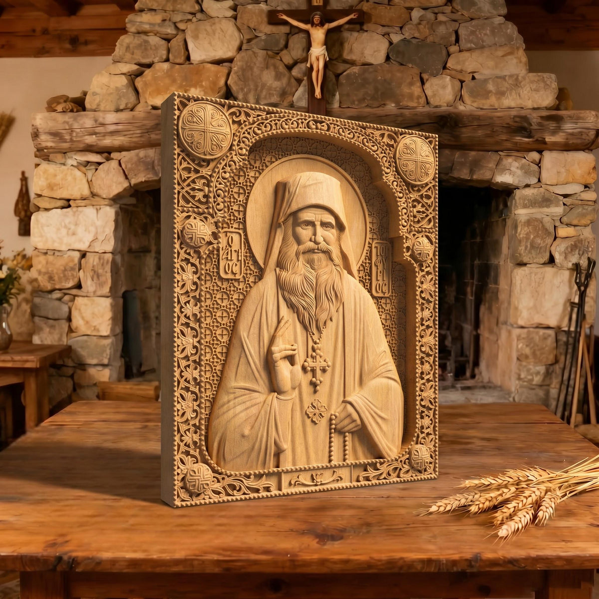 Saint Porphyrios of Kavsokalyvia Wooden Carved Handmade Christian Icon | Byzantine Greek Orthodox Home Art Decor