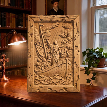Jesus Calming the Sea Wooden Carved Handmade Christian Icon  Byzantine Greek Orthodox Home Decor Cretan Holy Carvings