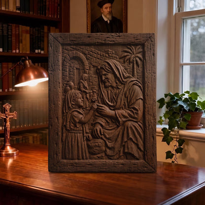 Jesus Blessing a Child Wooden Carved Handmade Christian Icon  Byzantine Greek Orthodox Home Decor Cretan Holy Carvings