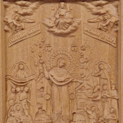 Mother of God Joy of All Who Sorrow Wooden Carved Handmade Christian Icon. Byzantine Greek Orthodox Home Art Decor.
