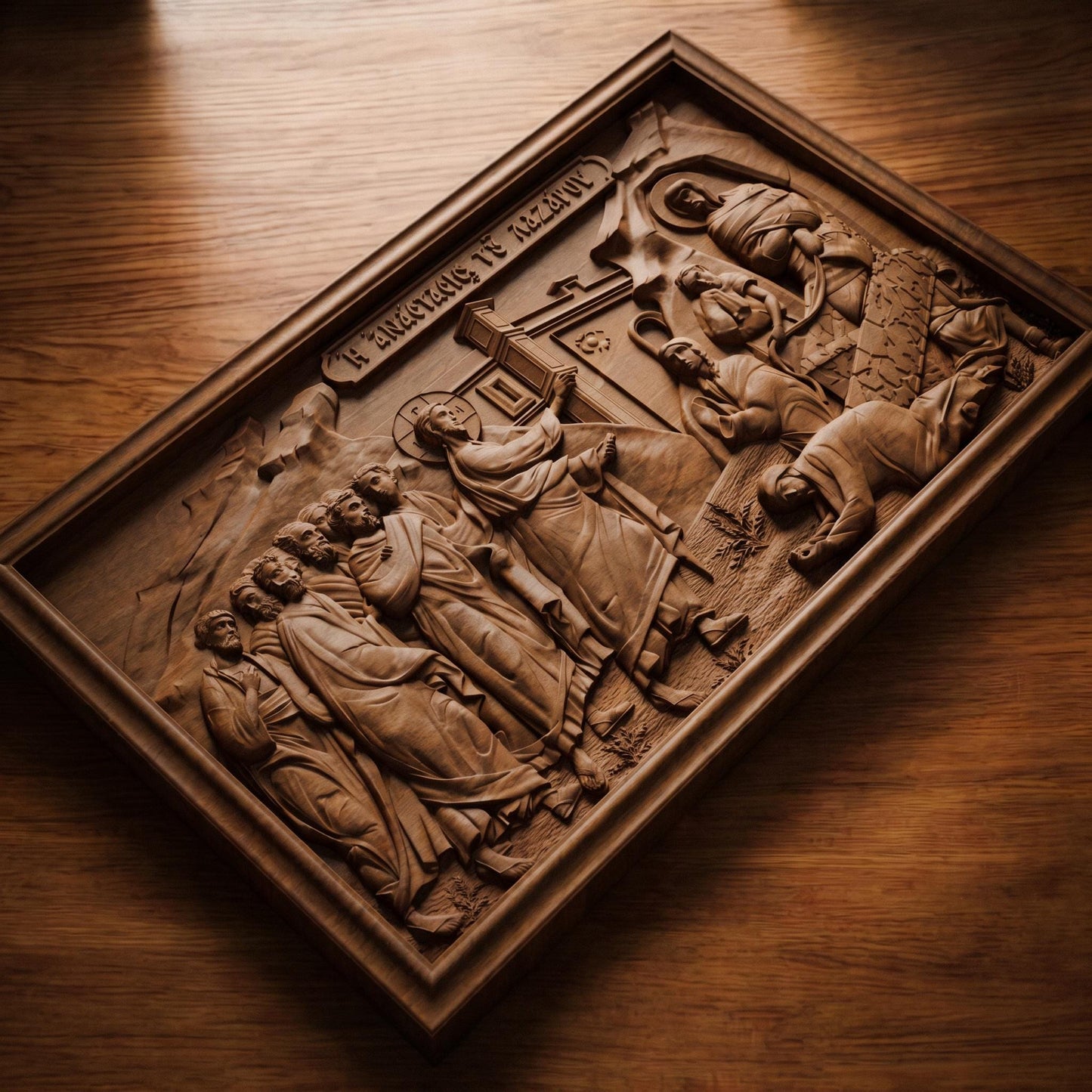 Lazarus Resurrection from Jesus Christ   Wooden Carved Handmade Christian Icon | Byzantine Greek Orthodox Home Art Decor