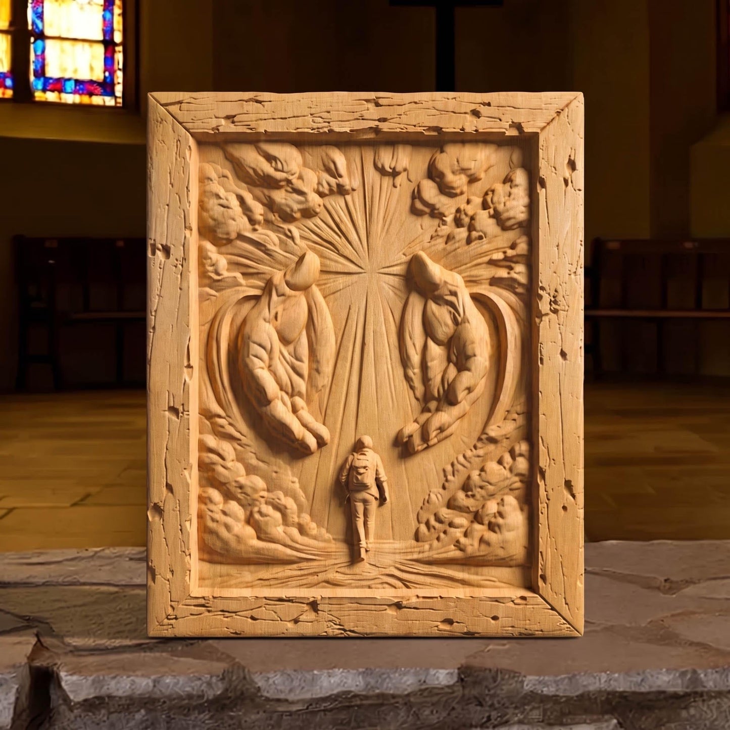 Jesus Christ Protecting at Every Step Wooden Carved Handmade Christian Icon  Byzantine Greek Orthodox Home Art Decor Cretan Holy Carvings