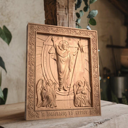 Resurrection of Jesus Wooden Carved Handmade Christian Icon. Byzantine Greek Orthodox Home Art Decor.