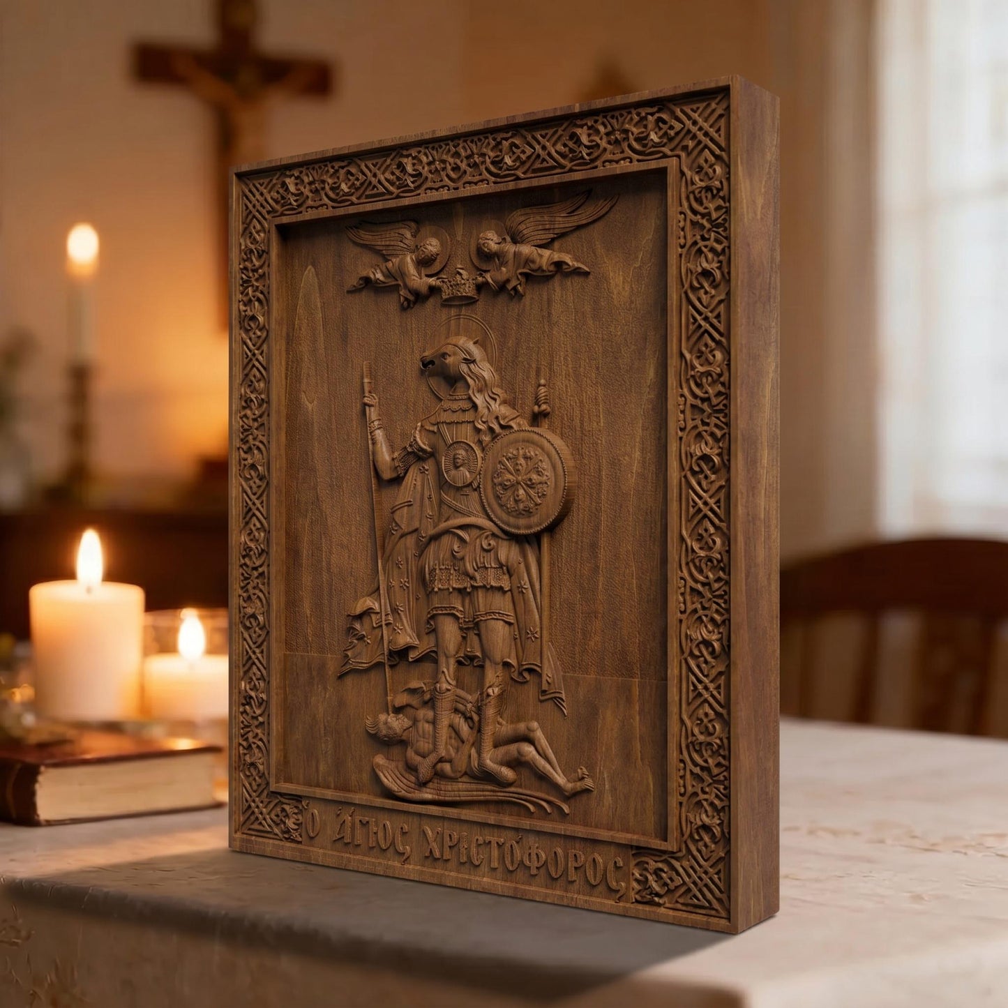 Saint Christopher the Dog Head Wooden Carved Handmade Christian Icon. Byzantine Greek Orthodox Home Decor.