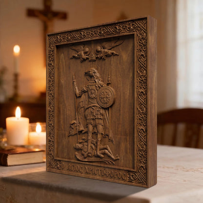 Saint Christopher the Dog Head Wooden Carved Handmade Christian Icon. Byzantine Greek Orthodox Home Decor.