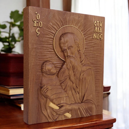 Saint Stylianos Wooden Carved Handmade Christian Icon. Byzantine Greek Orthodox Home Art Decor.