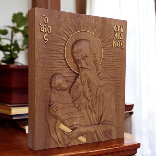 Saint Stylianos Wooden Carved Handmade Christian Icon. Byzantine Greek Orthodox Home Art Decor.