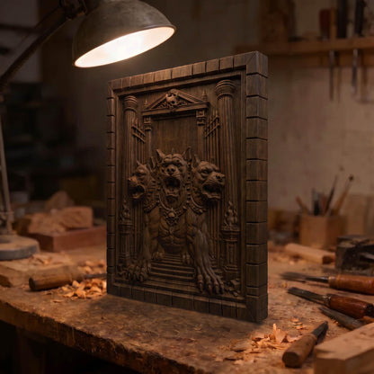 Cerberus at the Gates of Hades from Ancient Greek Mythology 3D Wooden Bas Relief Panel Art Sculptural Gift Idea Cretan Holy Carvings