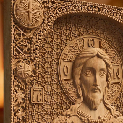 Jesus Christ Wooden Carved Handmade Christian Icon Left Side Natural Wood Color Cretan Holy Carvings (2)