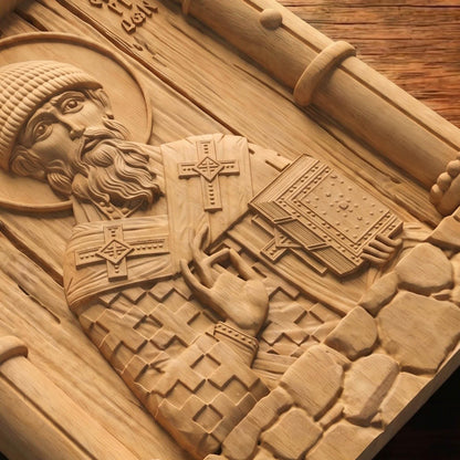 Saint Spyridon Wooden Carved Handmade Christian Icon Patron Saint of Farmers Flat Side Natural Wood Color Cretan Holy Carvings