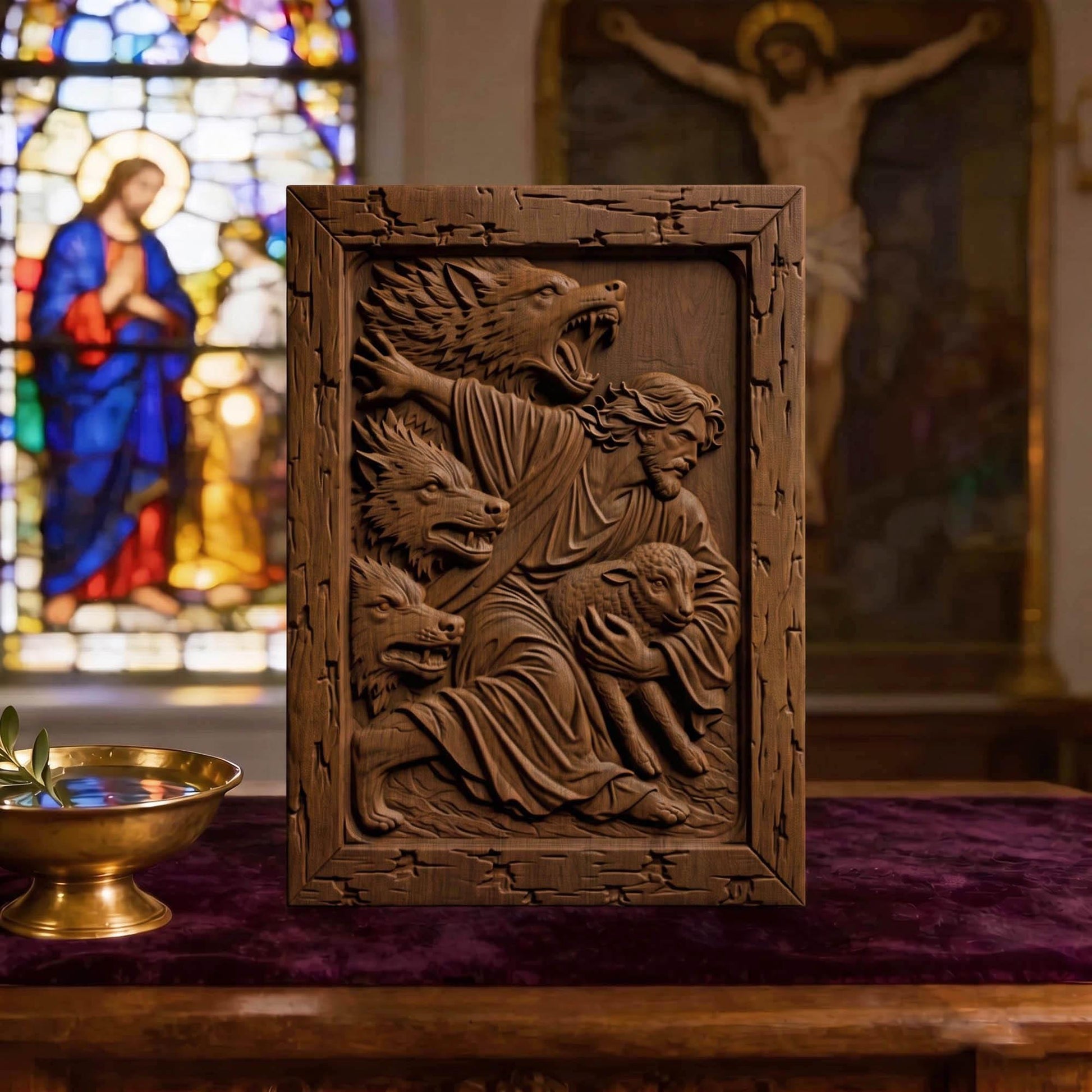 Jesus Saves from the Wolves Wooden Carved Handmade Christian Icon  Byzantine Greek Orthodox Home Decor Cretan Holy Carvings