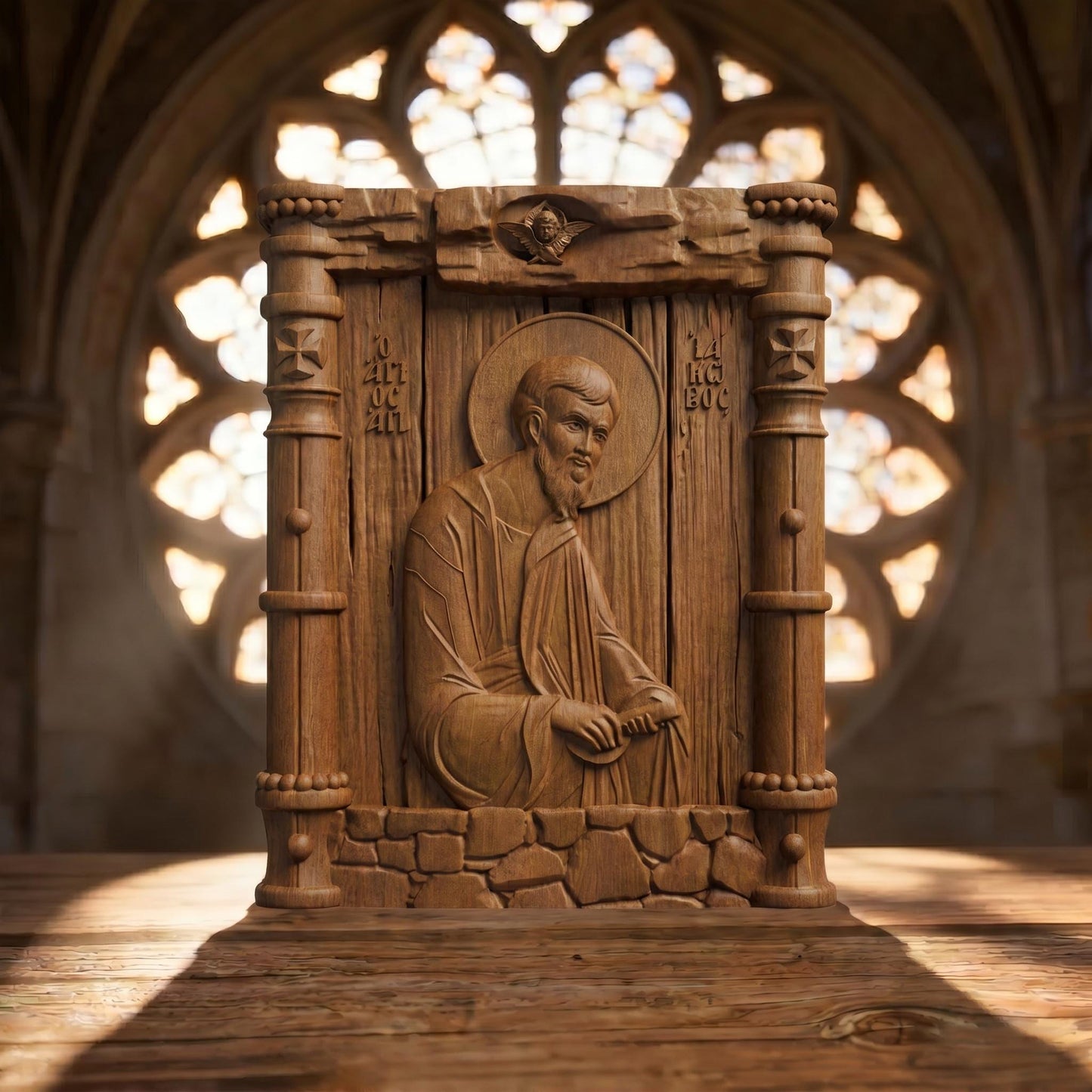 Saint Jacob the Apostle Wooden Carved Handmade Christian Icon Patron Saint of Spain Front Side Brown Oak Cretan Holy Carvings