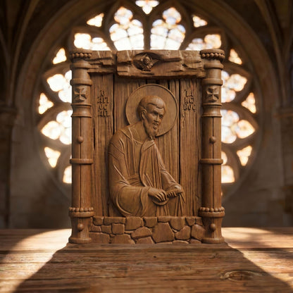 Saint Jacob the Apostle Wooden Carved Handmade Christian Icon Patron Saint of Spain Front Side Brown Oak Cretan Holy Carvings