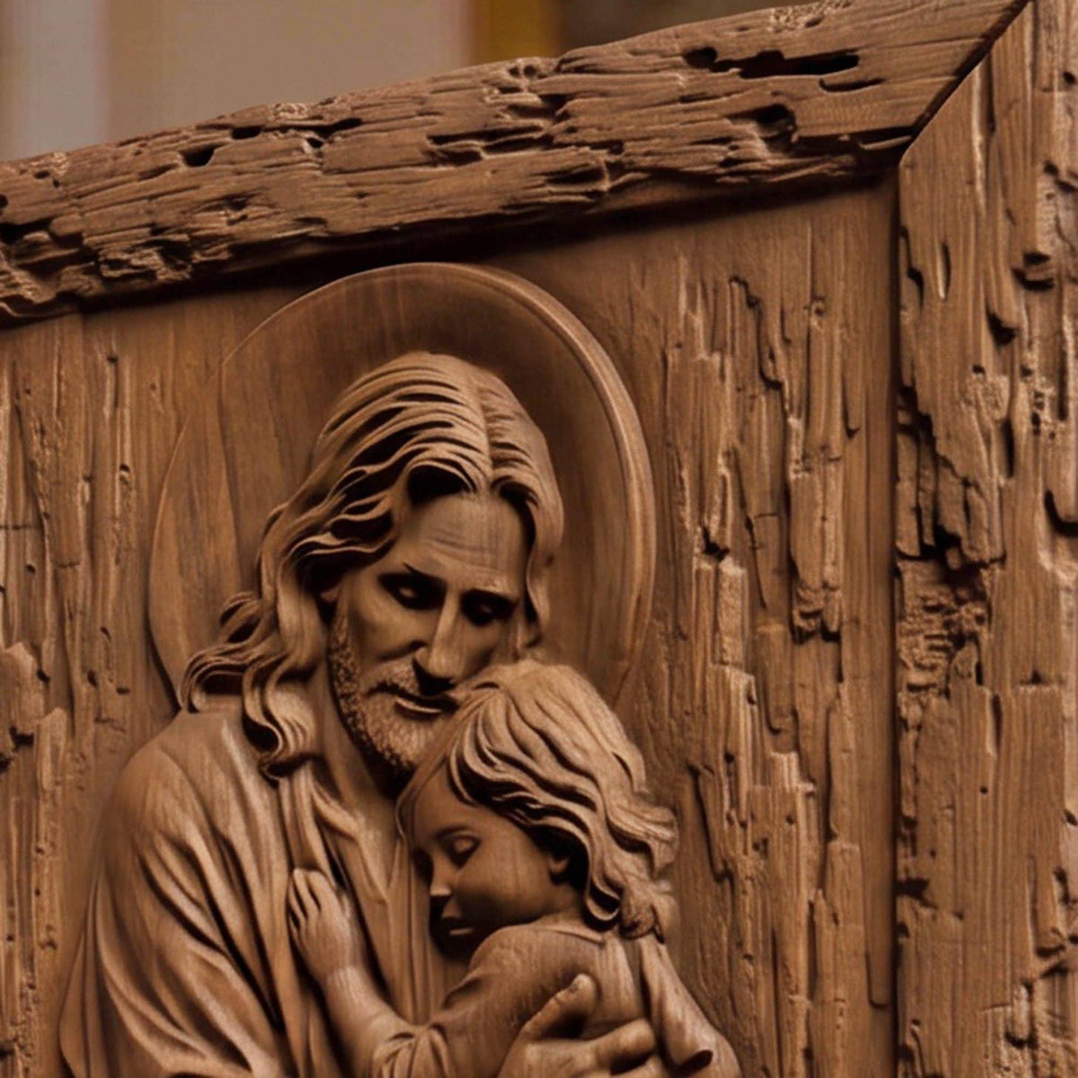 Jesus Holding Child Wooden Carved Handmade Christian Icon | Byzantine Greek Orthodox Home Decor