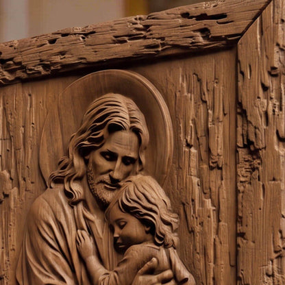 Jesus Holding Child Wooden Carved Handmade Christian Icon | Byzantine Greek Orthodox Home Decor