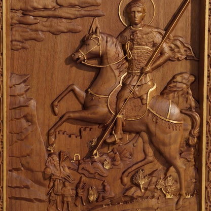 Saint Demetrius of Thessaloniki Wooden Carved Handmade Christian Icon Front Side Golden Brown Cretan Holy Carvings
