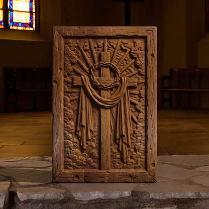Jesus Christ Cross and Crown of Thorns Wooden Carved Handmade Christian Icon  Byzantine Greek Orthodox Home Art Decor Cretan Holy Carvings