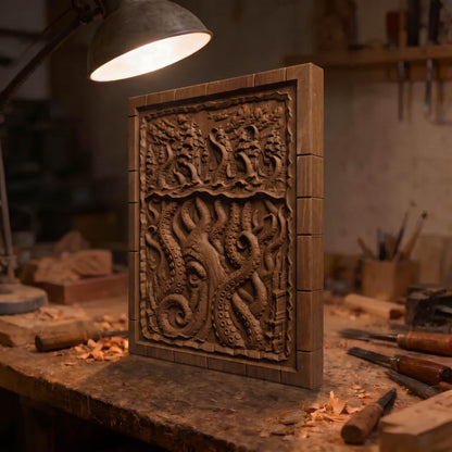 Kraken Atack on the Ships from Ancient Greek Mythology 3D Wooden Bas Relief Panel Art Sculptural Gift Idea Cretan Holy Carvings