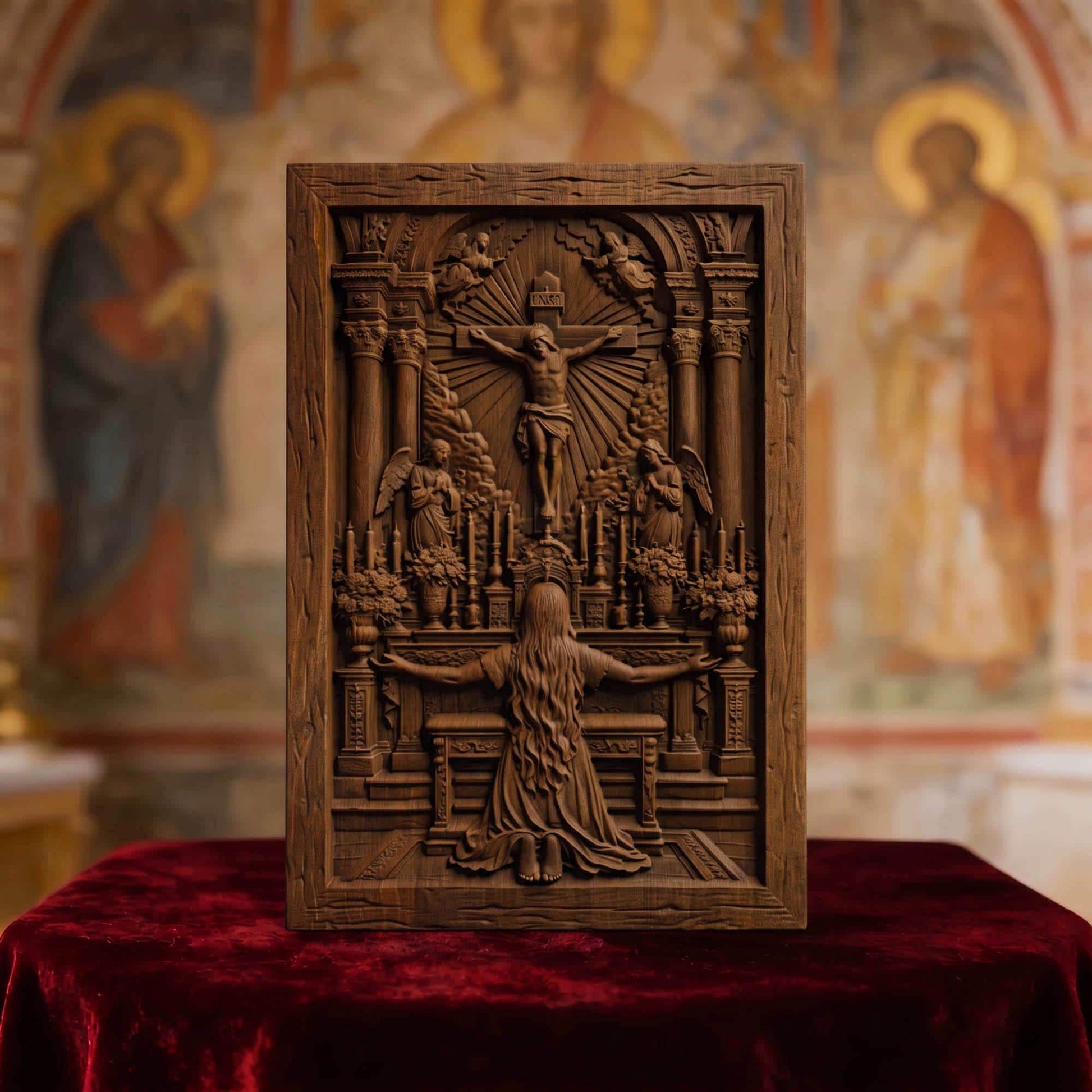 Praying in Church to Jesus Christ Wooden Carved Handmade Christian Icon  Byzantine Greek Orthodox Home Decor Cretan Holy Carvings