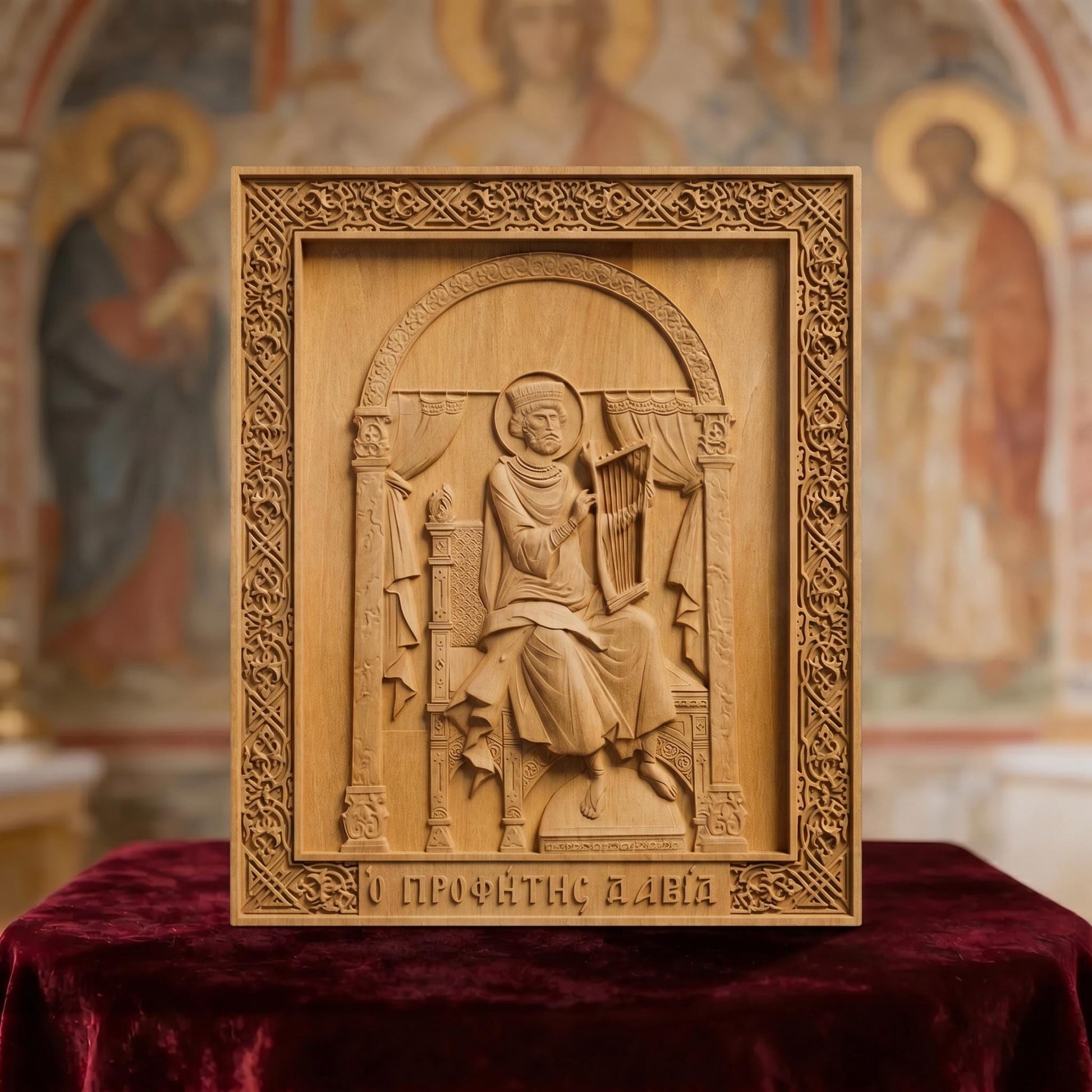 Prophet and King David Wooden Carved Handmade Christian Icon Front Side Natural Wood Color Cretan Holy Carvings